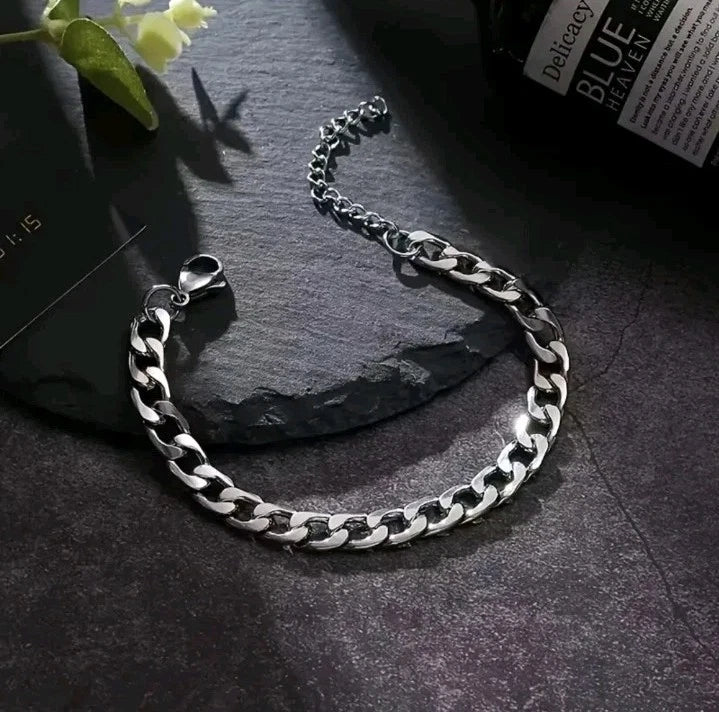 Men’s Silver Stainless Steel Curb Chain Bracelet – 18cm + 5cm Extension